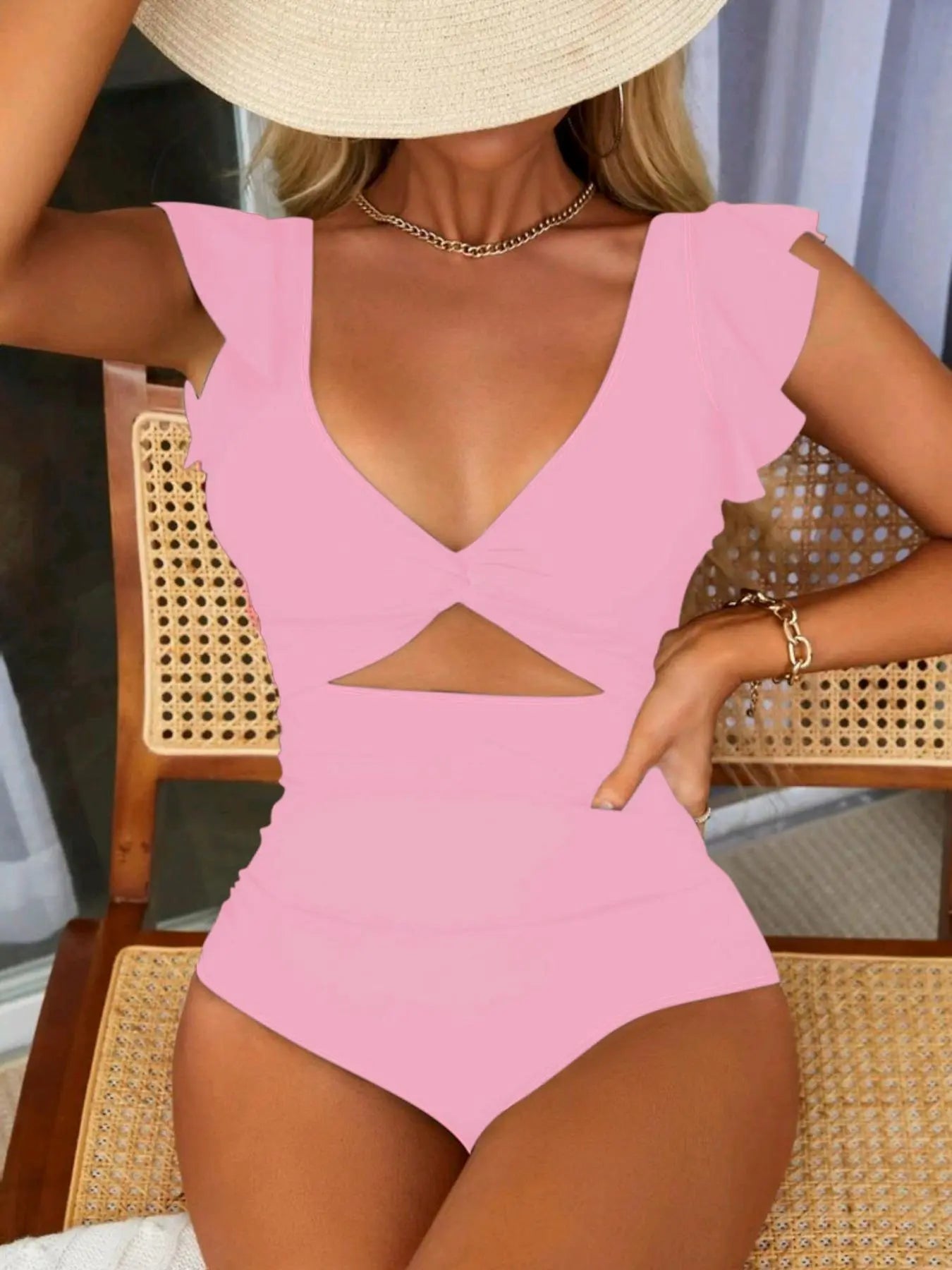SELUNİA Women'S Plain Cut Out Twist Backless One-Piece Swimsuit, Casual Ruffle Cap Sleeve Deep V Neck Swimwear for Summer, Fashion Women'S Swimsuit for Beach Holiday Vacation, Cutout Swim Suit