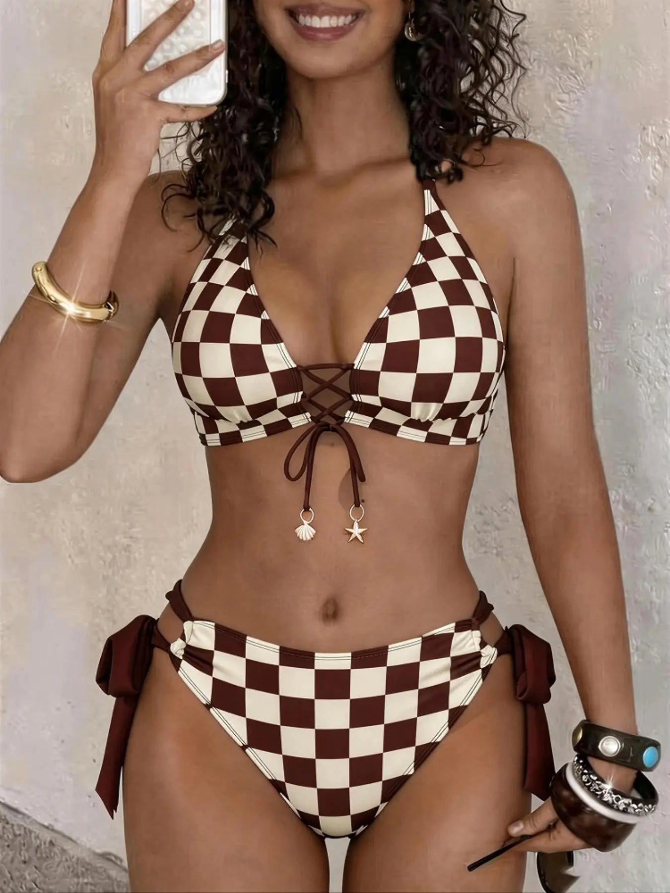 New Plaid Print High-End Women'S Bikini Set, Fashionable Sexy Tie Adjustable Front Drawstring Design, Beach Swimwear