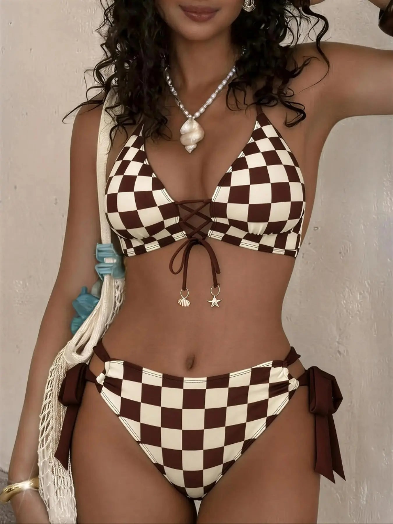 New Plaid Print High-End Women'S Bikini Set, Fashionable Sexy Tie Adjustable Front Drawstring Design, Beach Swimwear